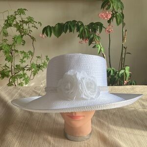 Chic White Satin Ribbon Hat With White Floral Accents and White Beaded Band